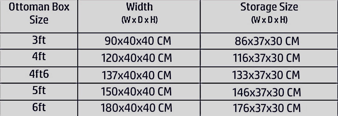 ottoman box size chart