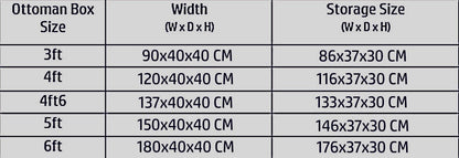 ottoman box size chart